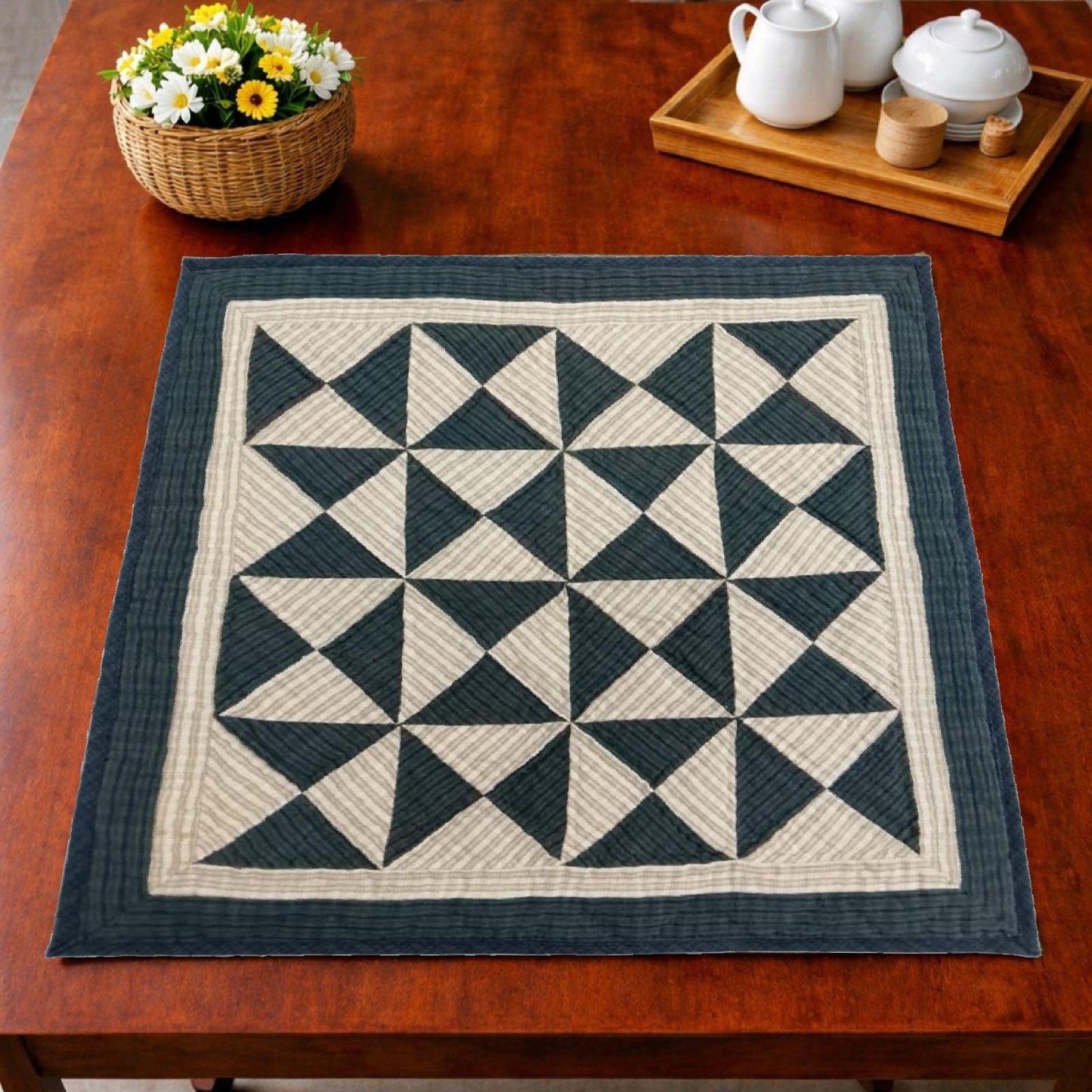 Hand made Hand quilted wall hanging, Table Topper 20"x20" Seersucker Windmill Patchwork plaid quilt by Home Heart brands (Made in India)