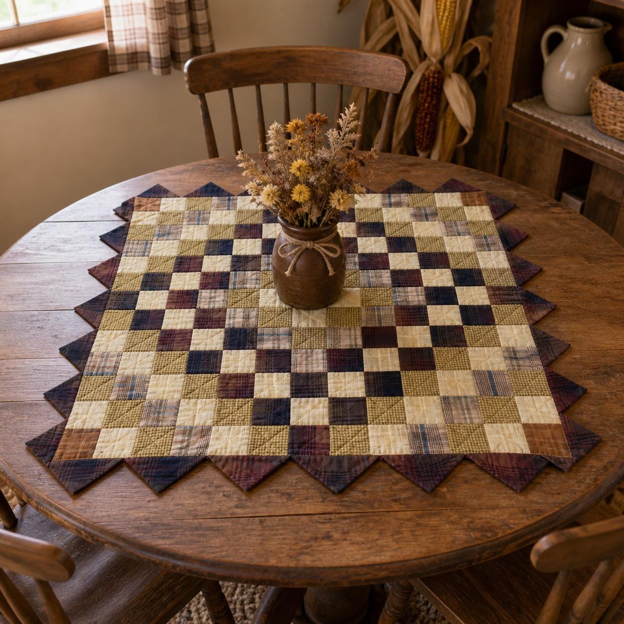 Hand made Hand quilted Throw Quilt, Table Topper  sunrise autumn plaid calico zig zag quilt by Home Heart brands (Made in India)