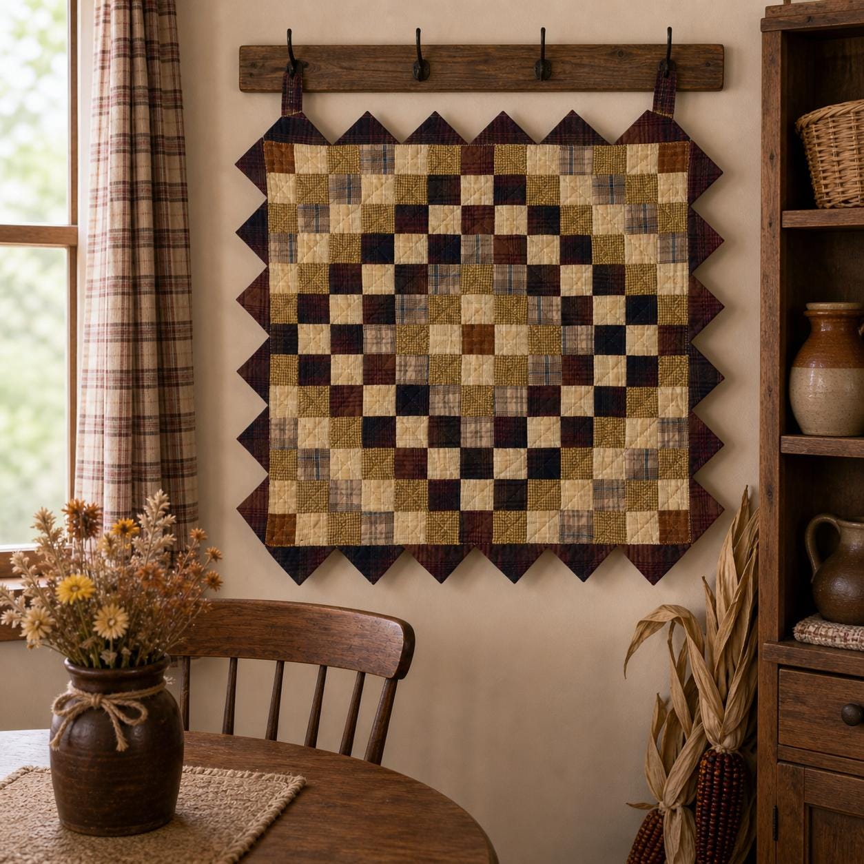 Hand made Hand quilted Throw Quilt, Table Topper  sunrise autumn plaid calico zig zag quilt by Home Heart brands (Made in India)