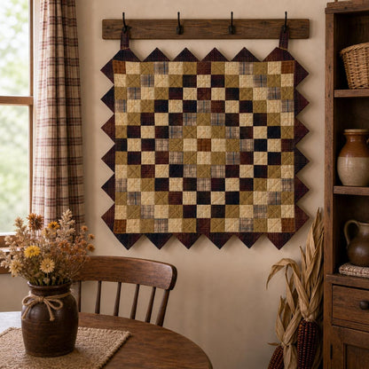 Hand made Hand quilted Throw Quilt, Table Topper  sunrise autumn plaid calico zig zag quilt by Home Heart brands (Made in India)
