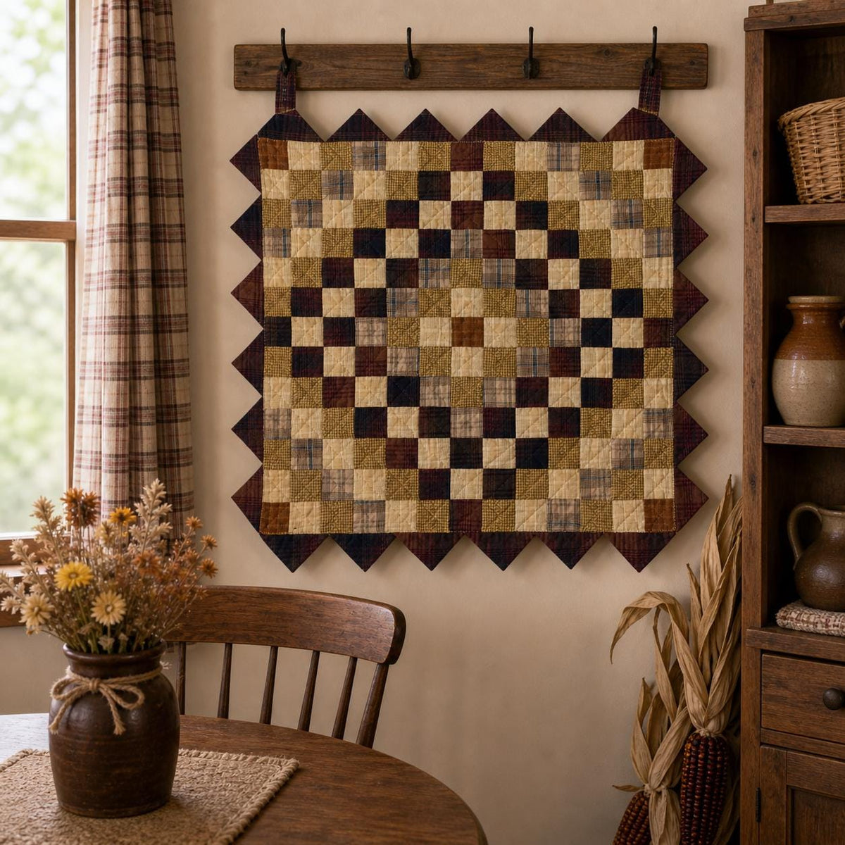 Hand made Hand quilted Throw Quilt, Table Topper sunrise autumn plaid calico zig zag quilt by Home Heart brands (Made in India)