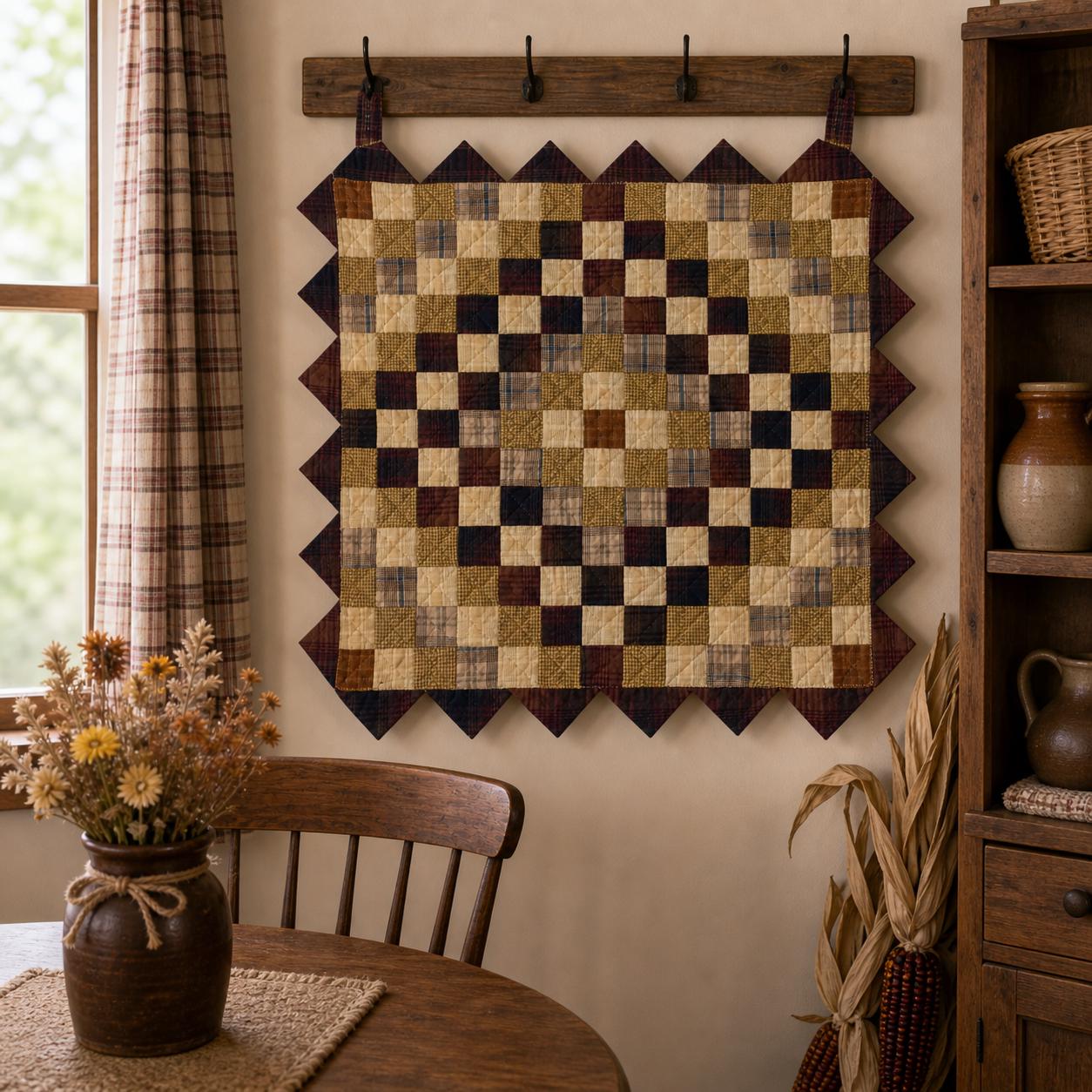 Hand made Hand quilted Throw Quilt, Table Topper  sunrise autumn plaid calico zig zag quilt by Home Heart brands (Made in India)