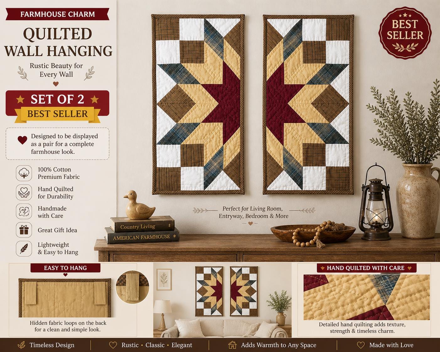 Hand made Hand quilted wall hanging, Table Topper 10"x20" Broken star quilt- set of 2 by Home Heart brands (Made in India)