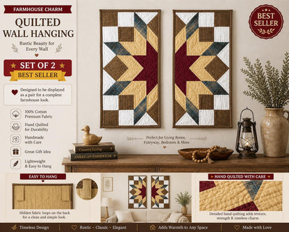 Hand made Hand quilted wall hanging, Table Topper 10"x20" Broken star quilt- set of 2 by Home Heart brands (Made in India)