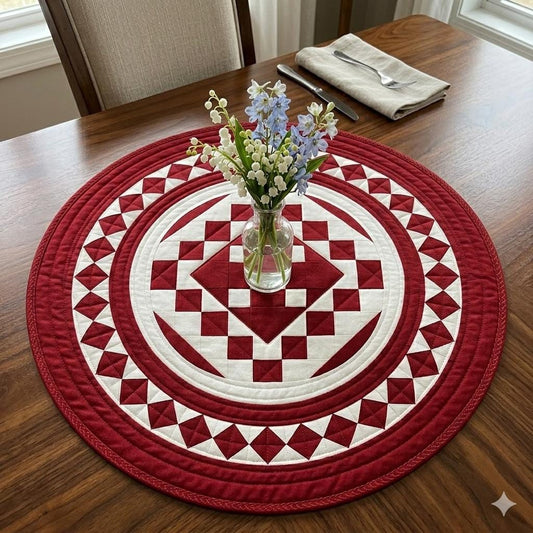 Hand made Hand quilted  round Table Topper Red diamond square quilt by Home Heart brands (Made in India)