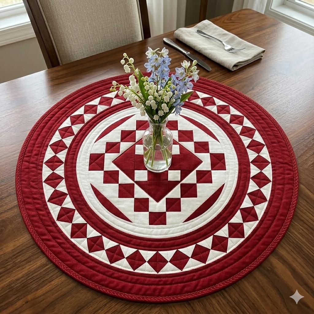 Hand made Hand quilted round Table Topper Red diamond square quilt by Home Heart brands (Made in India)