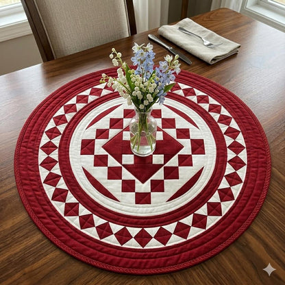 Hand made Hand quilted round Table Topper Red diamond square quilt by Home Heart brands (Made in India)