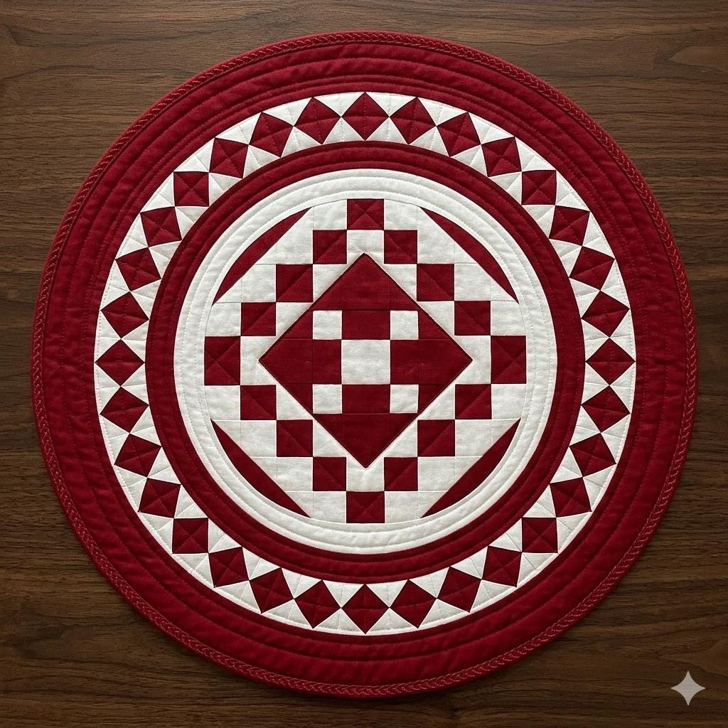 Hand made Hand quilted round Table Topper Red diamond square quilt by Home Heart brands (Made in India)
