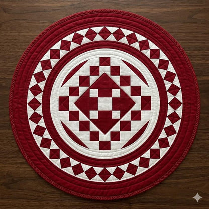 Hand made Hand quilted round Table Topper Red diamond square quilt by Home Heart brands (Made in India)