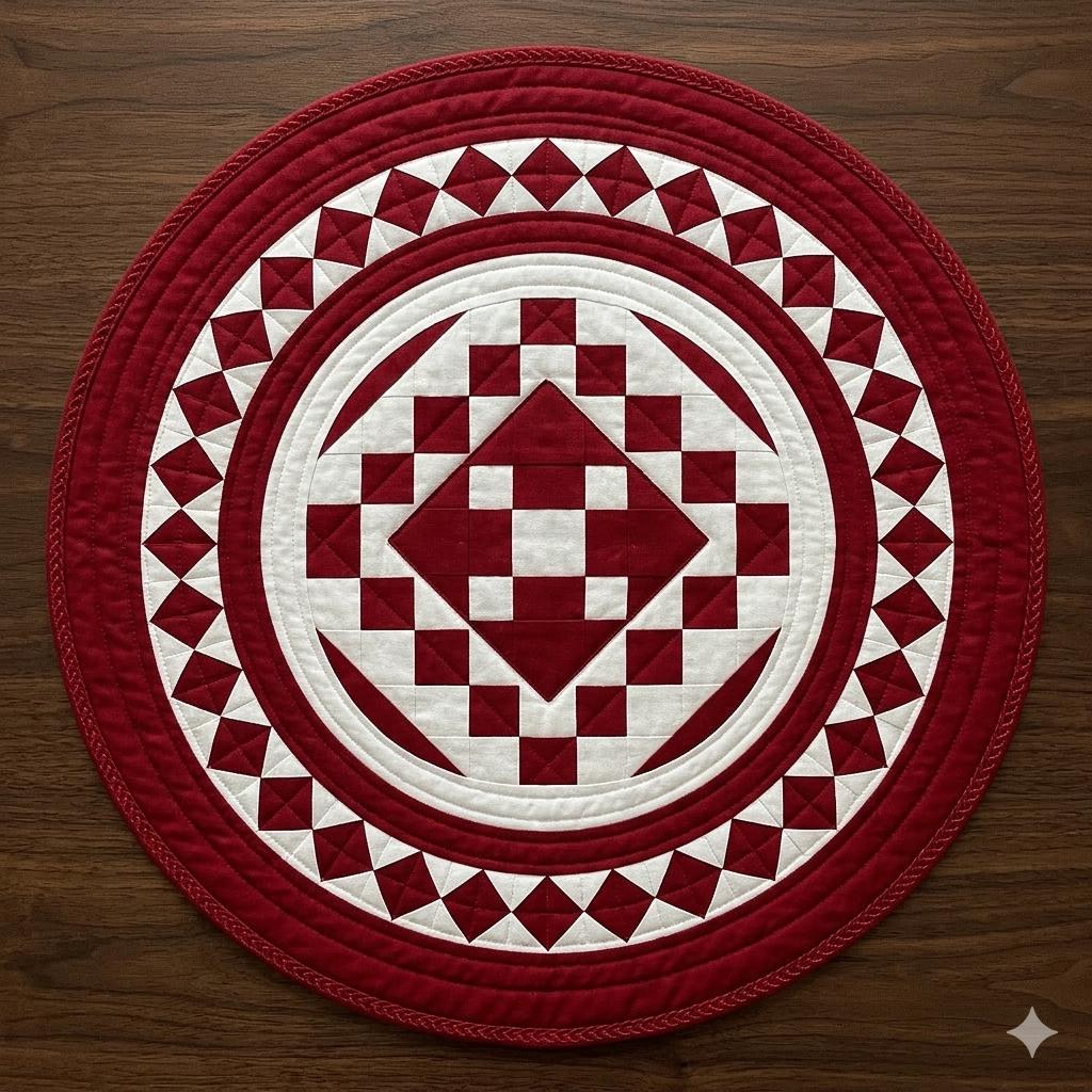 Hand made Hand quilted round Table Topper Red diamond square quilt by Home Heart brands (Made in India)
