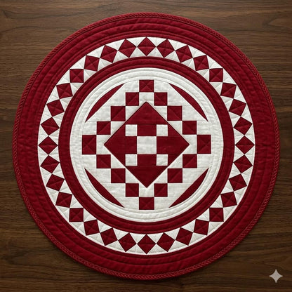 Hand made Hand quilted round Table Topper Red diamond square quilt by Home Heart brands (Made in India)