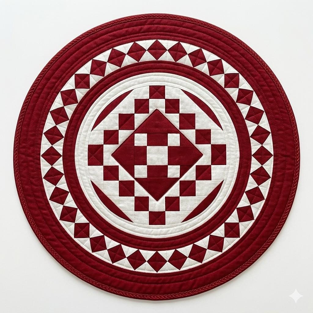 Hand made Hand quilted round Table Topper Red diamond square quilt by Home Heart brands (Made in India)