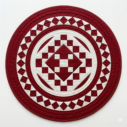 Hand made Hand quilted round Table Topper Red diamond square quilt by Home Heart brands (Made in India)
