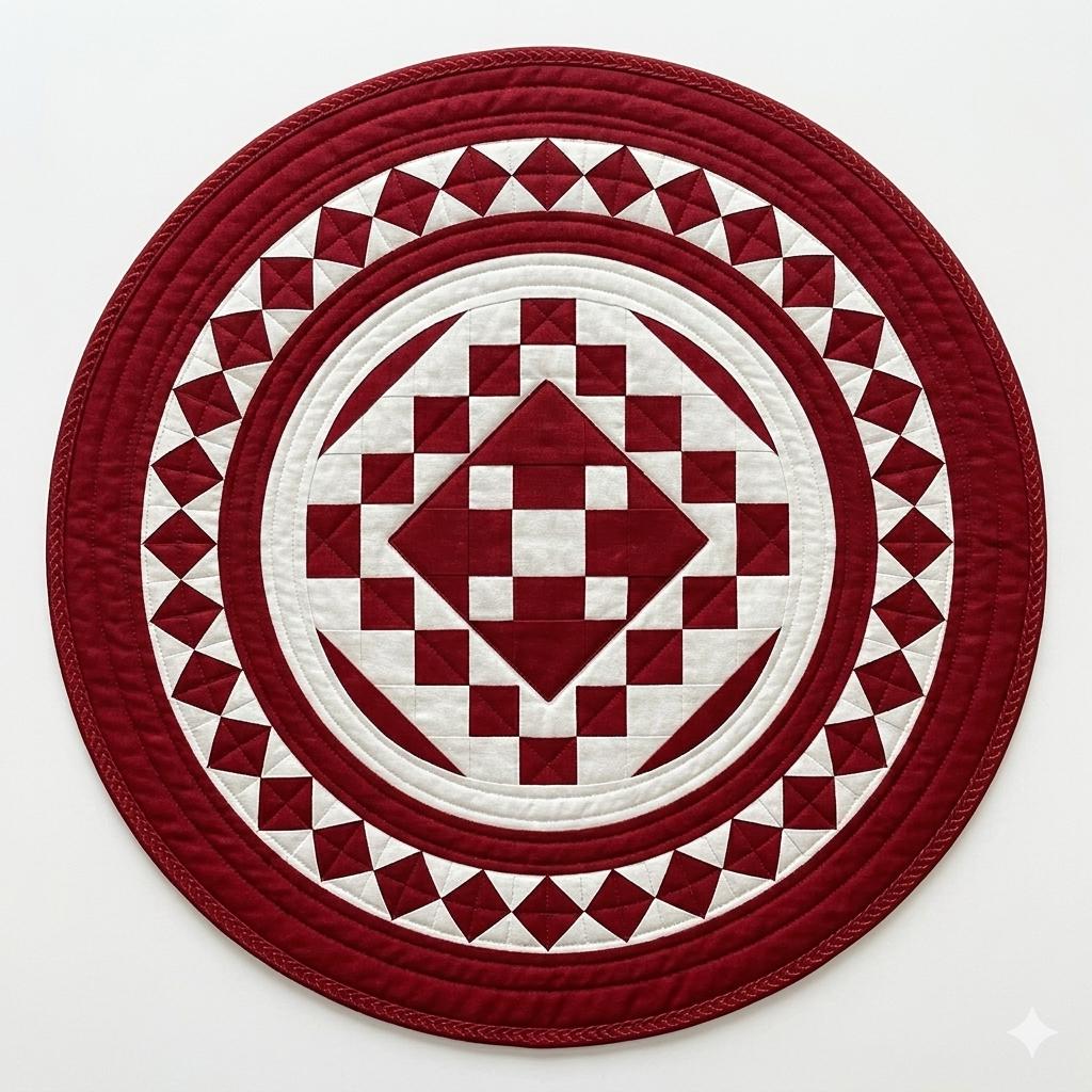 Hand made Hand quilted round Table Topper Red diamond square quilt by Home Heart brands (Made in India)