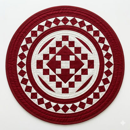 Hand made Hand quilted round Table Topper Red diamond square quilt by Home Heart brands (Made in India)