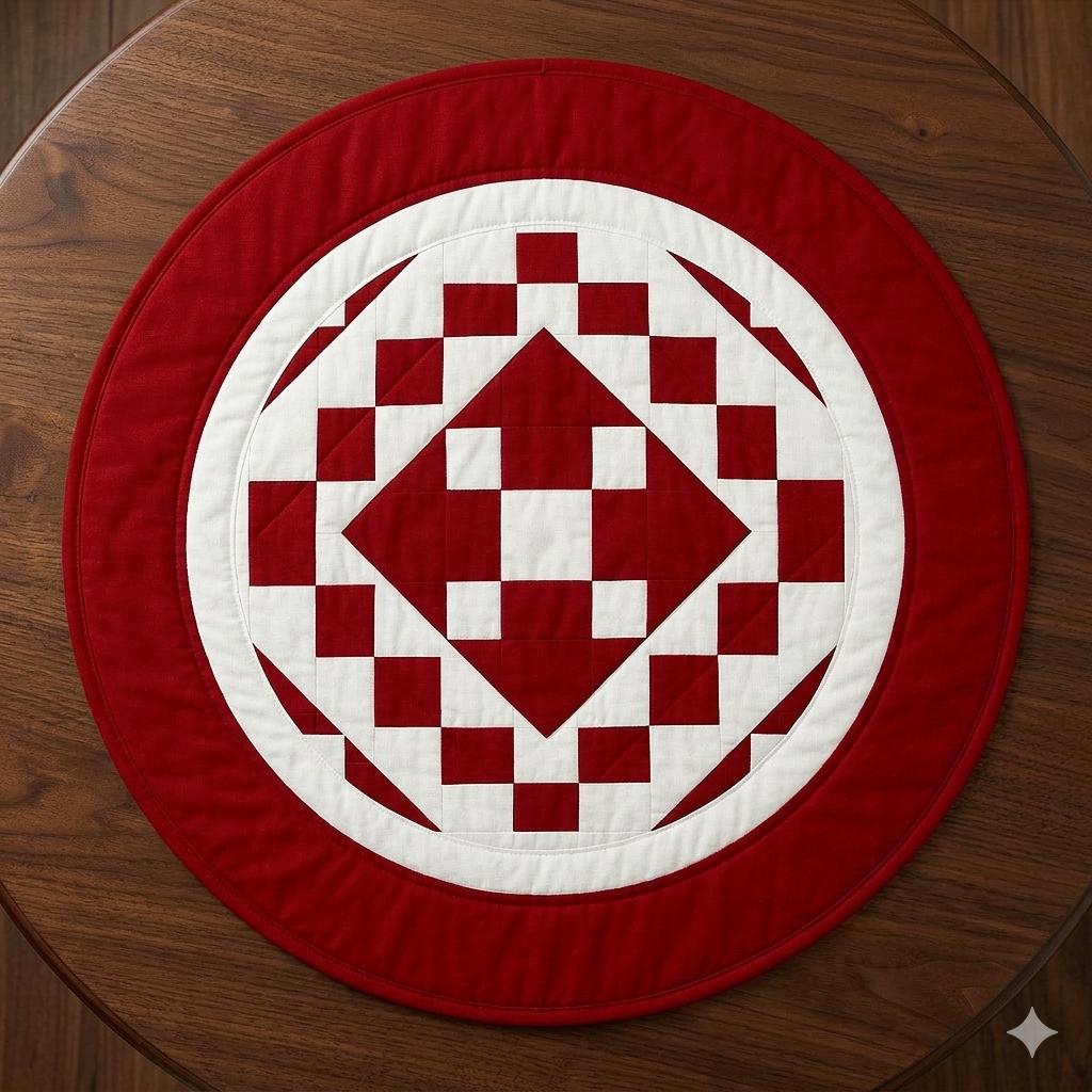 Hand made Hand quilted round Table Topper Red diamond square quilt by Home Heart brands (Made in India)