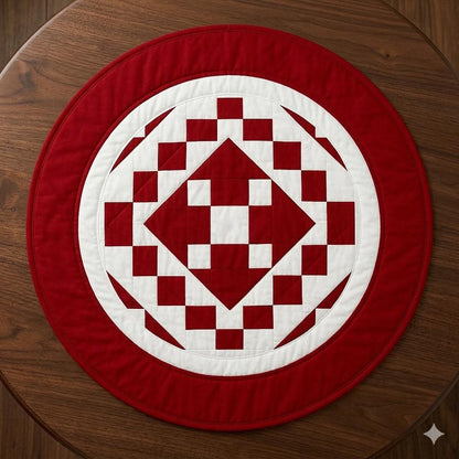Hand made Hand quilted round Table Topper Red diamond square quilt by Home Heart brands (Made in India)
