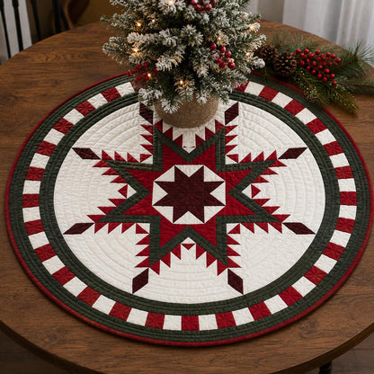 Handmade Hand Quilted Feathered Star Round Table Topper  Patchwork Plaid Quilt | Country Farmhouse Decor | Home Heart Brands | Made in India