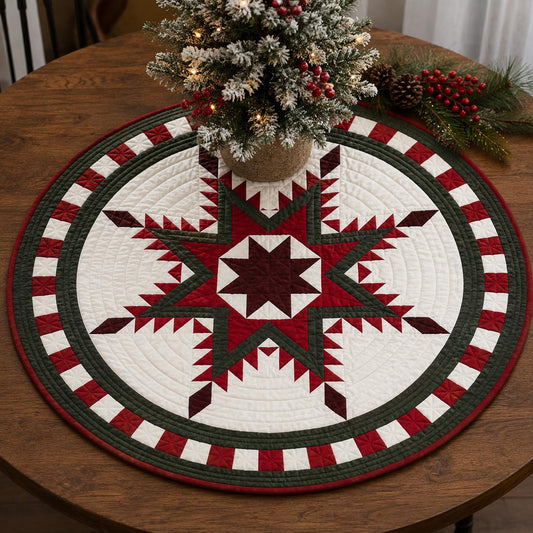 Handmade Hand Quilted Feathered Star Round Table Topper  Patchwork Plaid Quilt | Country Farmhouse Decor | Home Heart Brands | Made in India