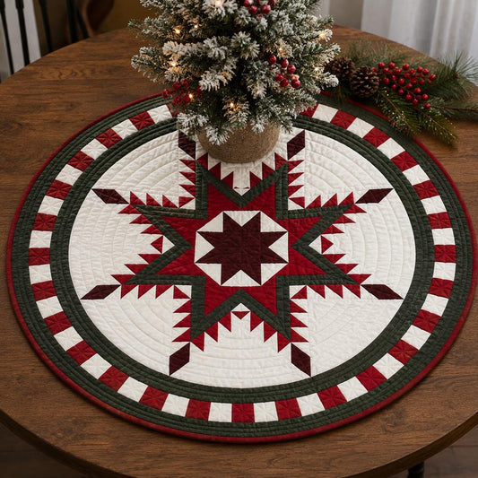 Handmade Hand Quilted Feathered Star Round Table Topper Patchwork Plaid Quilt | Country Farmhouse Decor | Home Heart Brands | Made in India