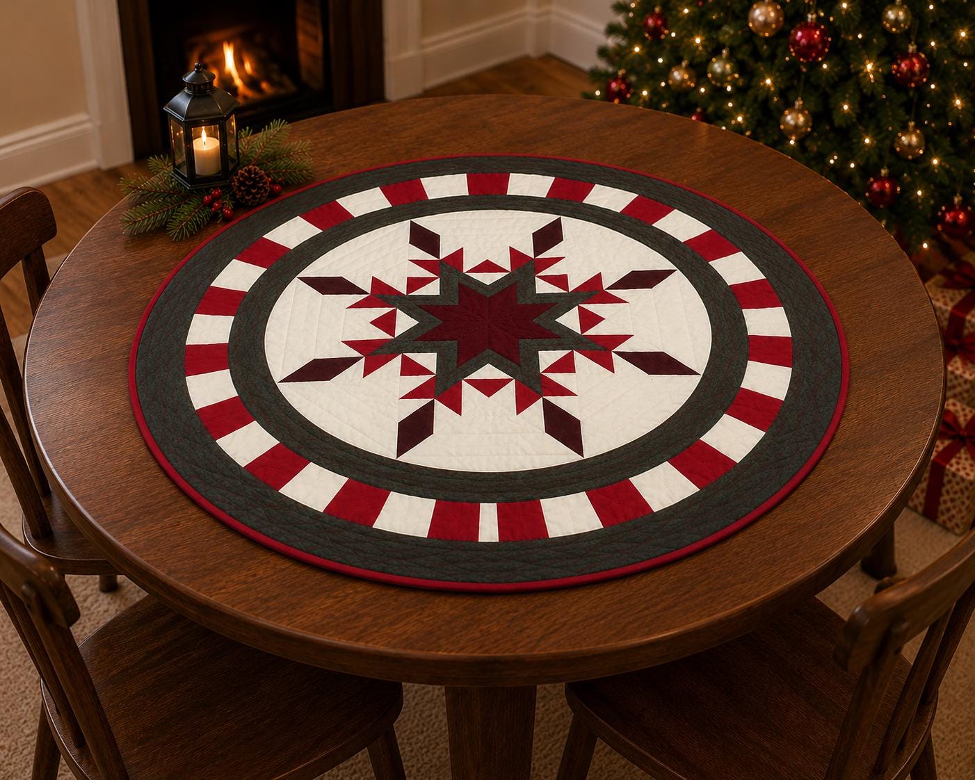 Handmade Hand Quilted Feathered Star Round Table Topper  Patchwork Plaid Quilt | Country Farmhouse Decor | Home Heart Brands | Made in India