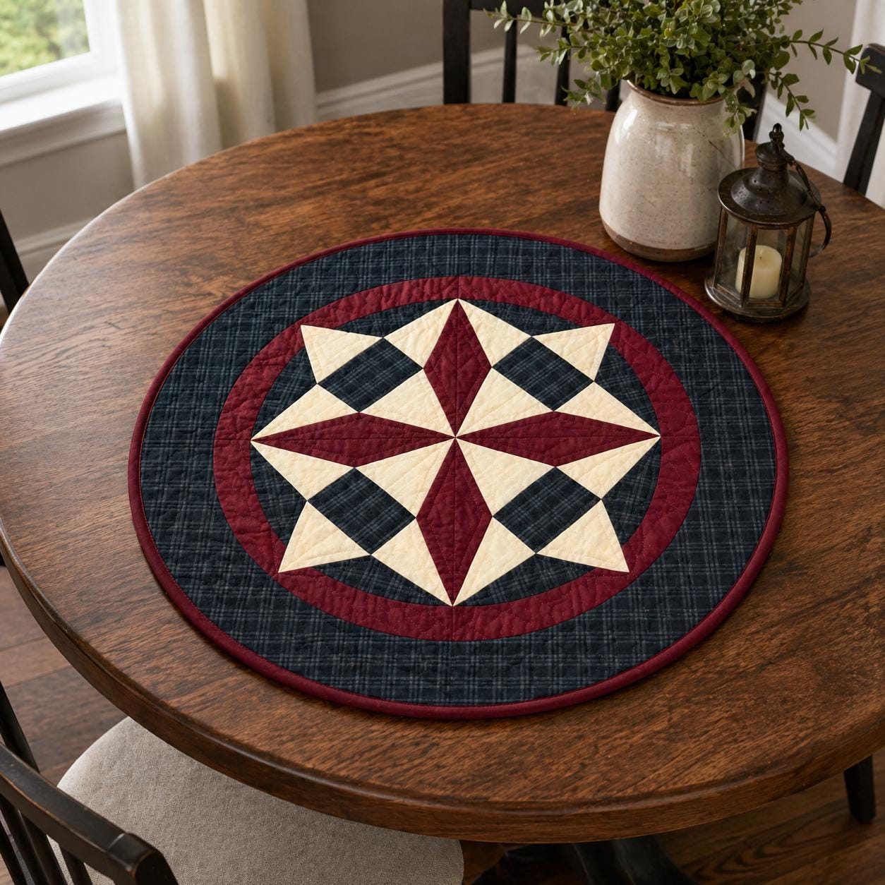 Hand made Hand quilted  round Table Topper Spinning Star quilt by Home Heart brands (Made in India)