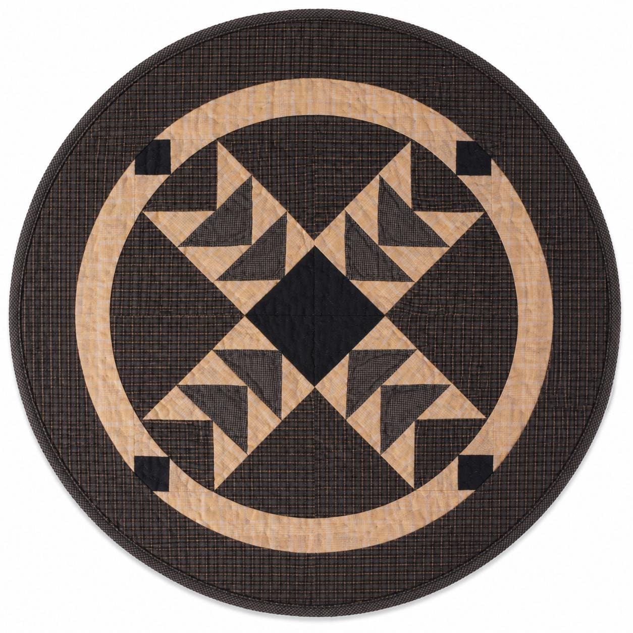Hand made Hand quilted  round Table Topper Primitive flying geese plaid quilt by Home Heart brands (Made in India)