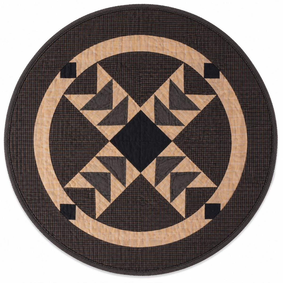 Hand made Hand quilted round Table Topper Primitive flying geese plaid quilt by Home Heart brands (Made in India)