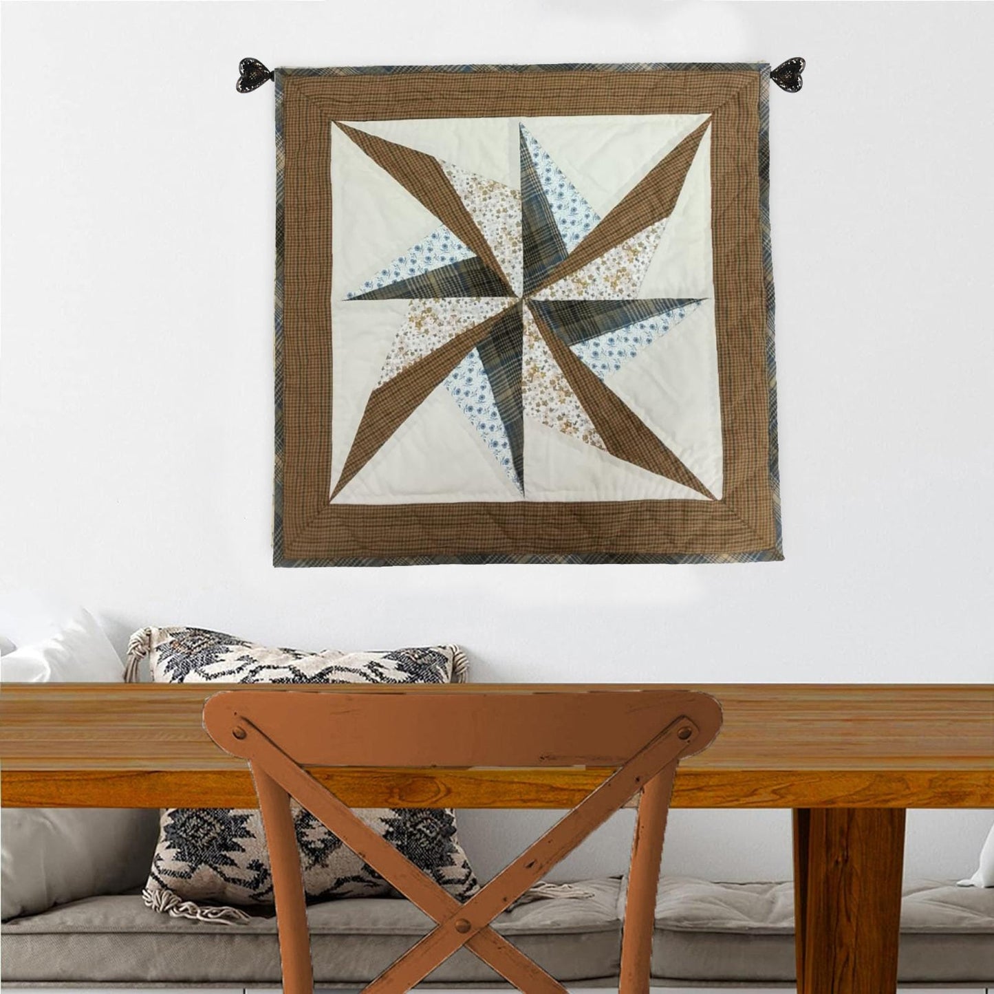 Table topper ,Wall hanging hand quilted quilt Patchwork | Country Farmhouse Quilt Decor | Primitive spinning star Cotton calico plaid Quilt