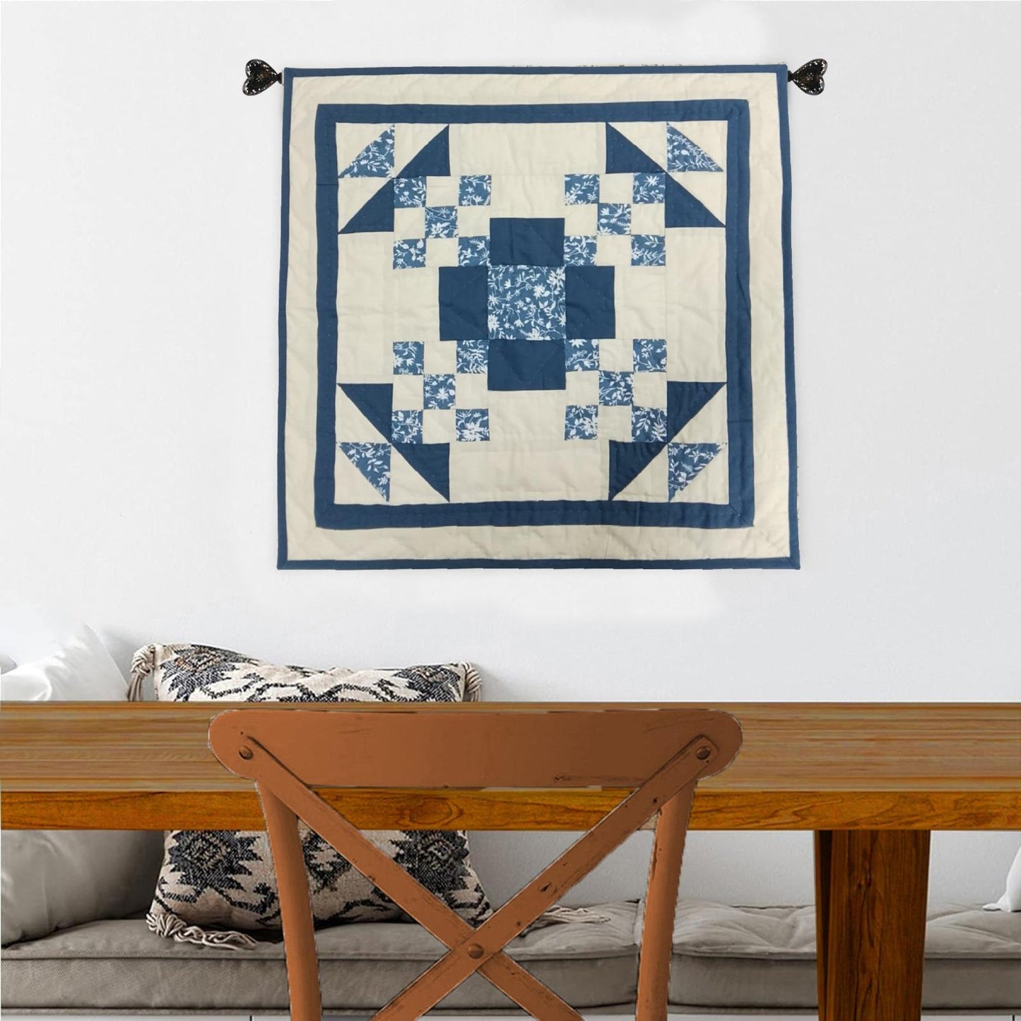 Table topper ,Wall hanging  hand quilted quilt Patchwork | Country Farmhouse Quilt Decor | Indigo garden star Cotton calico Quilt