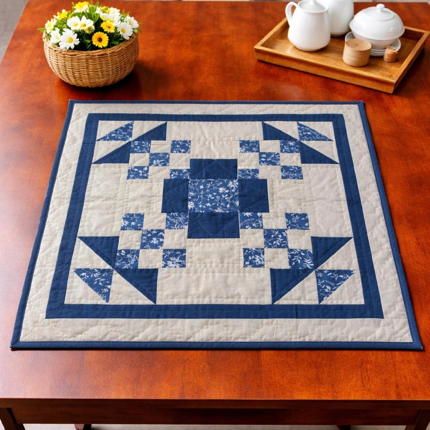 Table topper ,Wall hanging  hand quilted quilt Patchwork | Country Farmhouse Quilt Decor | Indigo garden star Cotton calico Quilt