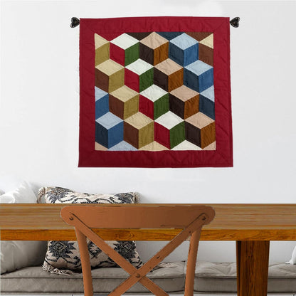 Wall hanging  hand quilted quilt, Table topper, Patchwork | 3D Patchwork Farmhouse Quilt Decor | Primitive Tumbling block Cotton Quilt