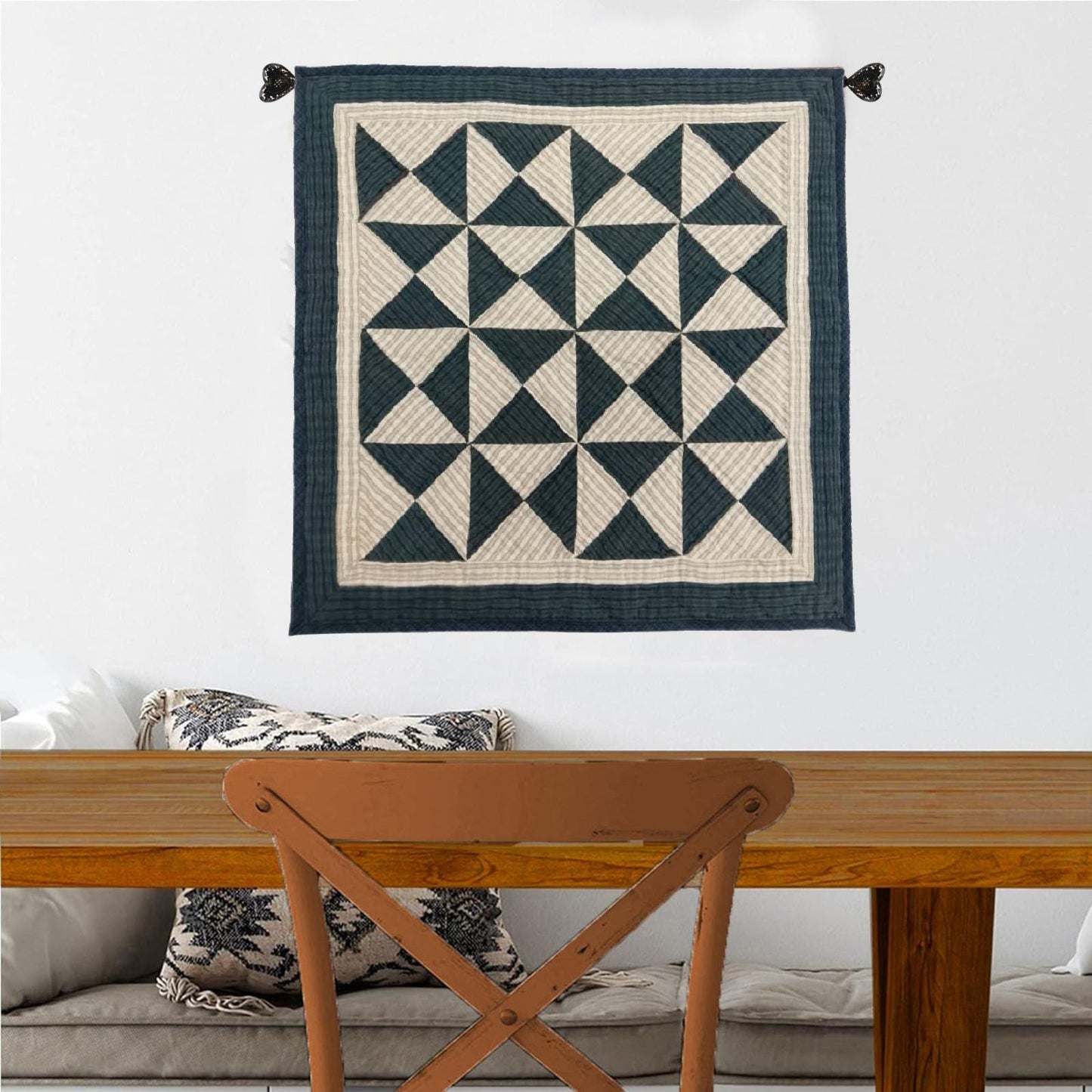 Hand made Hand quilted wall hanging, Table Topper 20"x20" Seersucker Windmill Patchwork plaid quilt by Home Heart brands (Made in India)