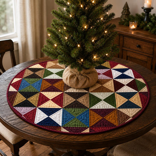 Primitive Pinwheel Hand Quilted Round Table Topper, Farmhouse Patchwork Table Mat, Country Rustic Quilt Centerpiece, Primitive Home Decor