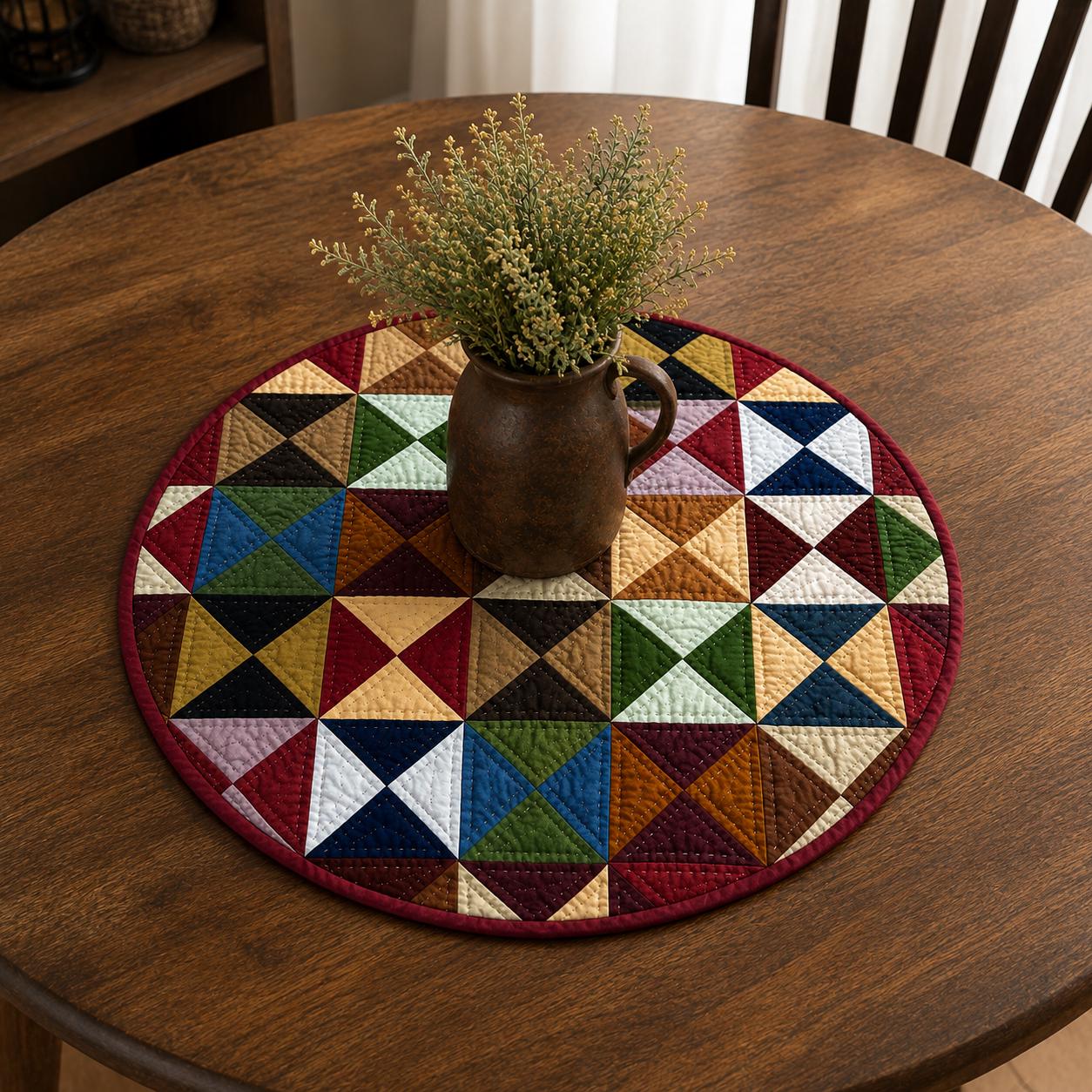 Primitive Pinwheel Hand Quilted Round Table Topper, Farmhouse Patchwork Table Mat, Country Rustic Quilt Centerpiece, Primitive Home Decor