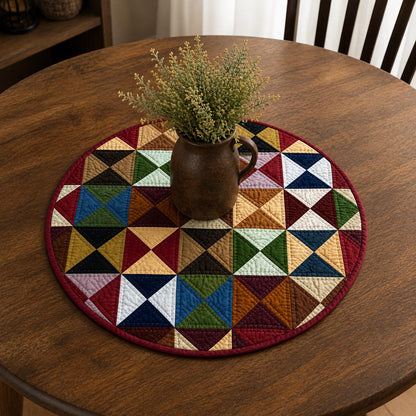Primitive Pinwheel Hand Quilted Round Table Topper, Farmhouse Patchwork Table Mat, Country Rustic Quilt Centerpiece, Primitive Home Decor