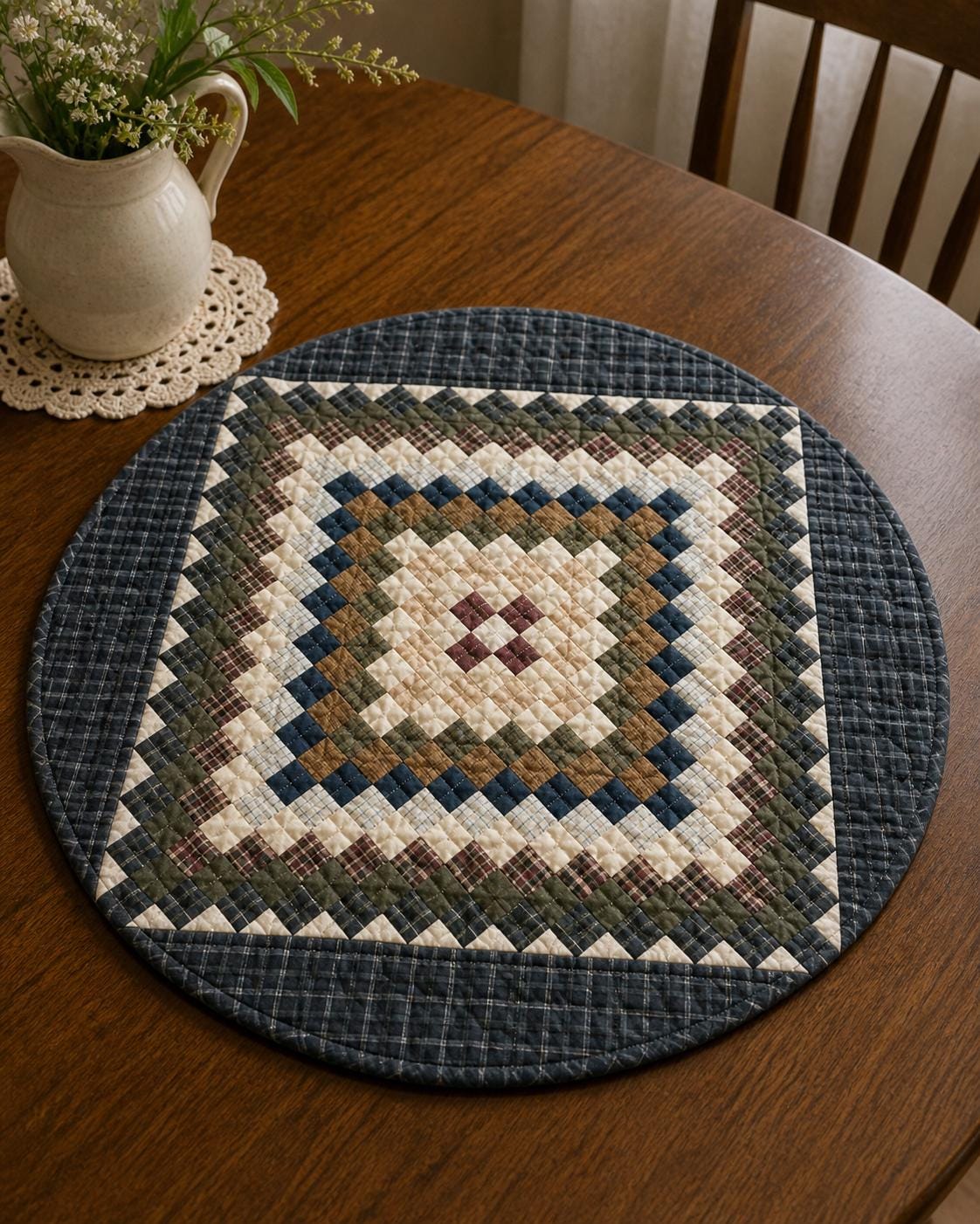 Hand made Hand quilted round Table Topper Trip Around the World Patchwork Plaid Table Topper quilt by Home Heart brands (Made in India)