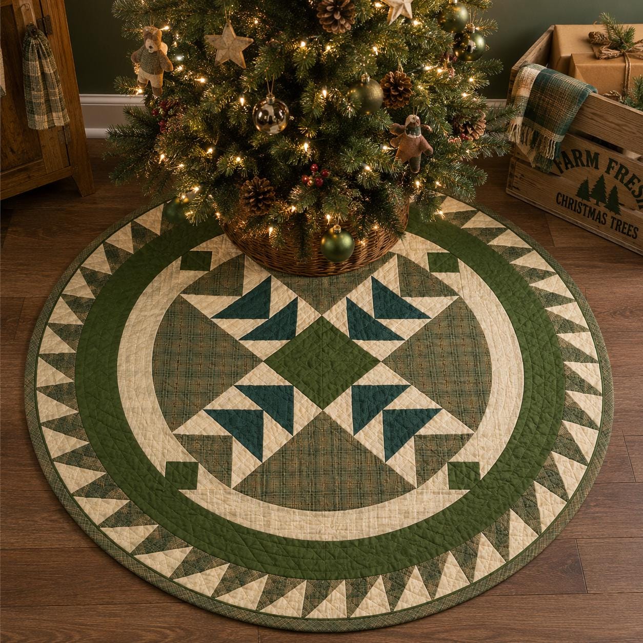 Primitive Flying Geese Green Plaid Round Table Topper, Tree Mat, Christmas Tree Skirt, Hand Quilted by Home Heart Brands (Made in India)