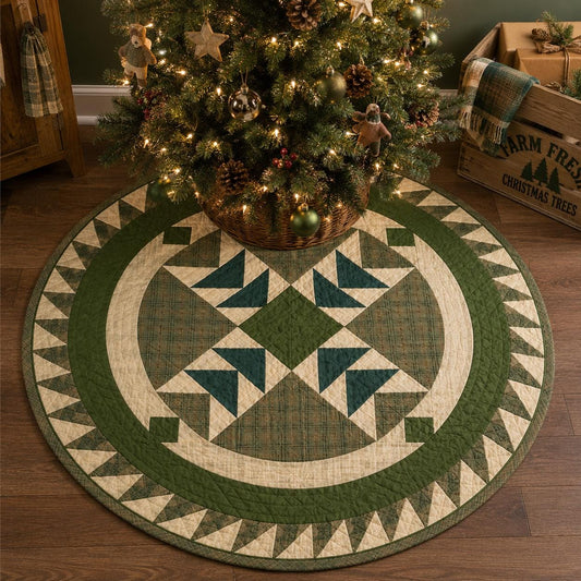 Primitive Flying Geese Green Plaid Round Table Topper, Tree Mat, Christmas Tree Skirt, Hand Quilted by Home Heart Brands (Made in India)