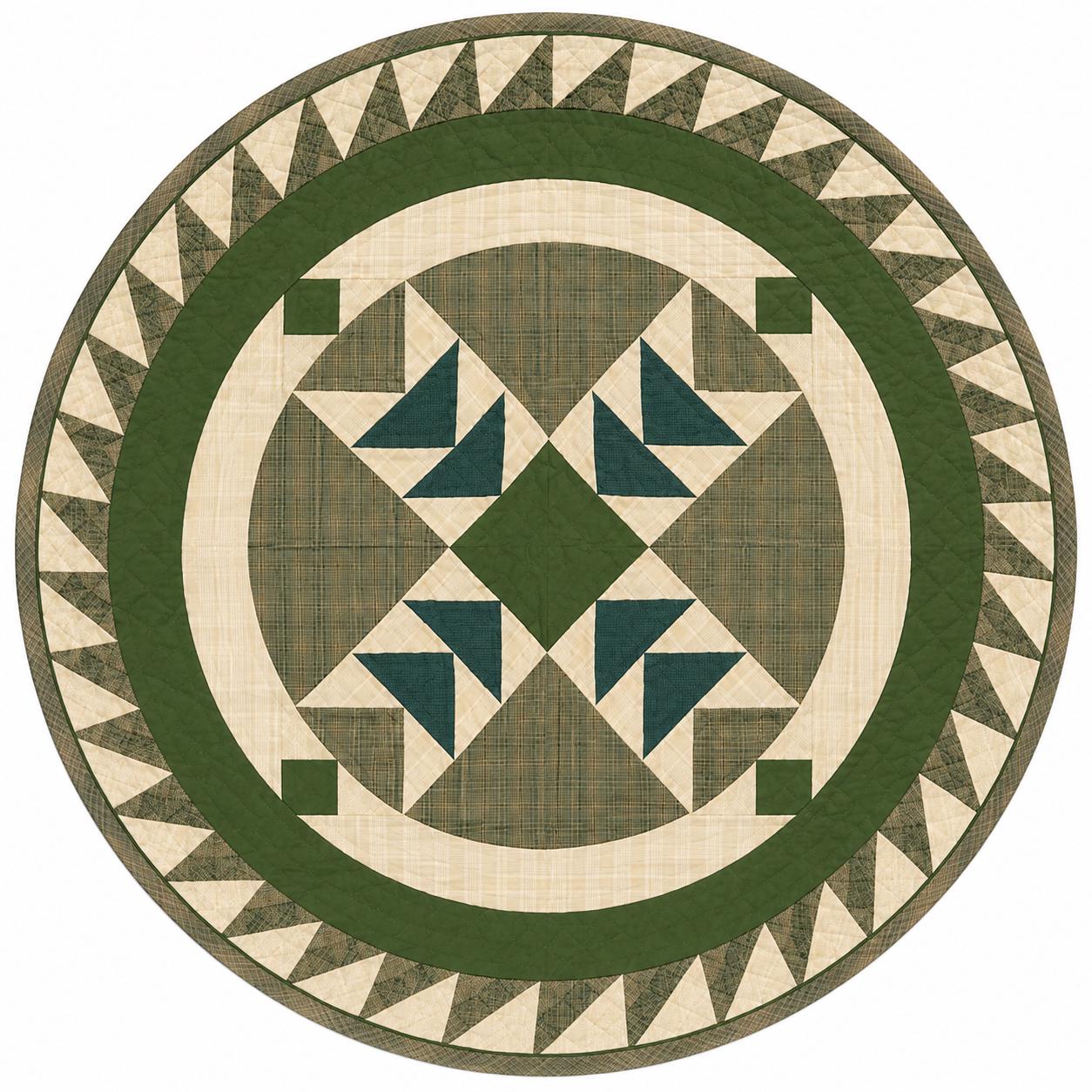 Primitive Flying Geese Green Plaid Round Table Topper, Tree Mat, Christmas Tree Skirt, Hand Quilted by Home Heart Brands (Made in India)