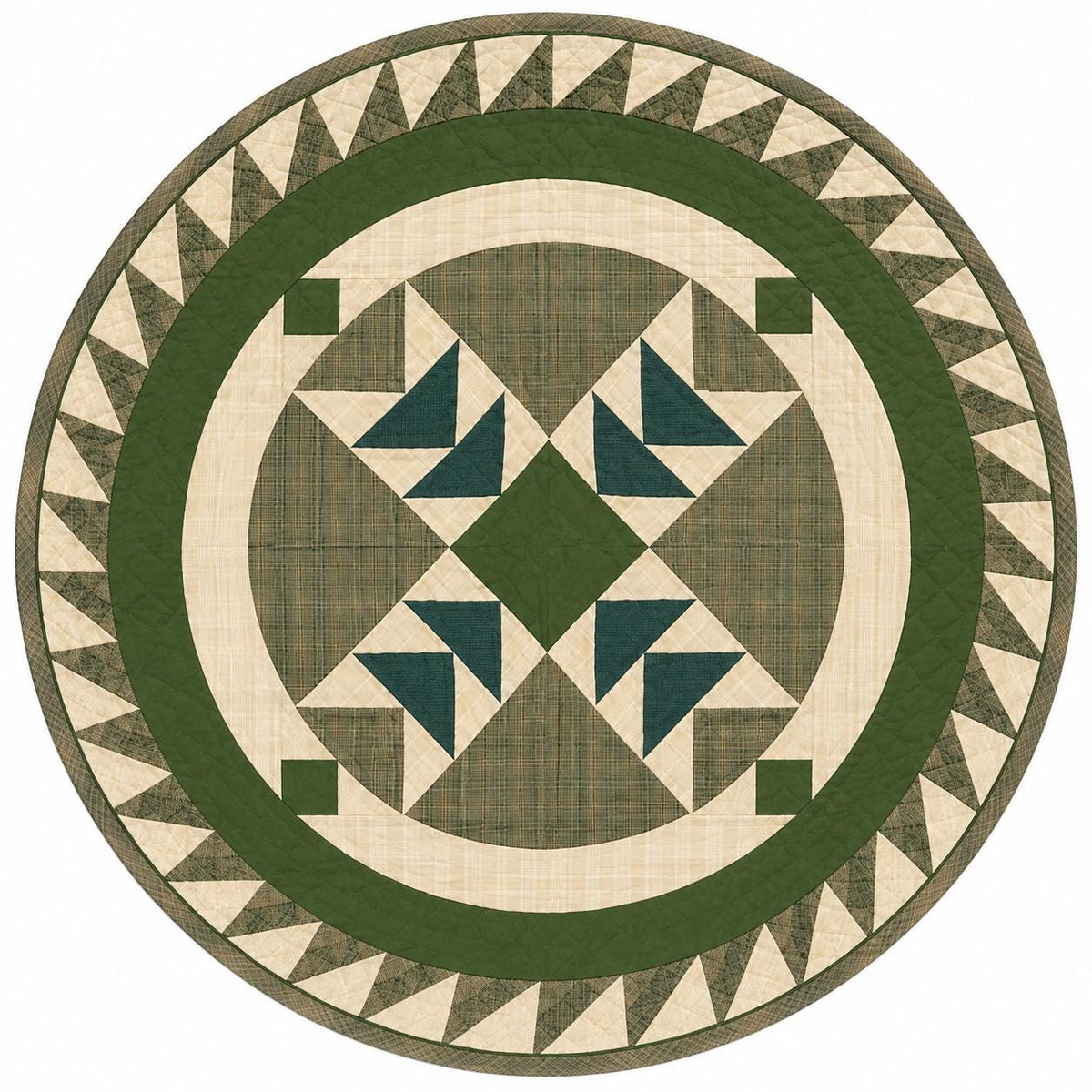 Primitive Flying Geese Green Plaid Round Table Topper, Tree Mat, Christmas Tree Skirt, Hand Quilted by Home Heart Brands (Made in India)