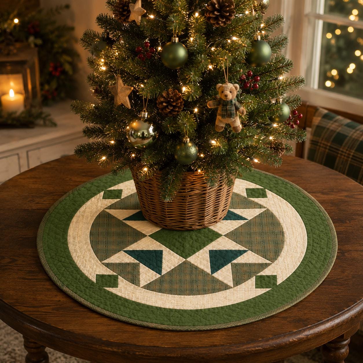 Primitive Flying Geese Green Plaid Round Table Topper, Tree Mat, Christmas Tree Skirt, Hand Quilted by Home Heart Brands (Made in India)