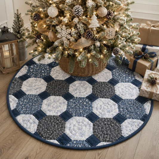 Indigo Cottage Collection Hand Quilted Round Table Topper, Christmas mat, tree skirt Denim Floral Hexagon Patchwork by Home Heart Brands