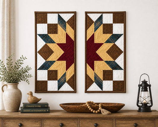 Hand made Hand quilted wall hanging, Table Topper 10"x20" Broken star quilt- set of 2 by Home Heart brands (Made in India)