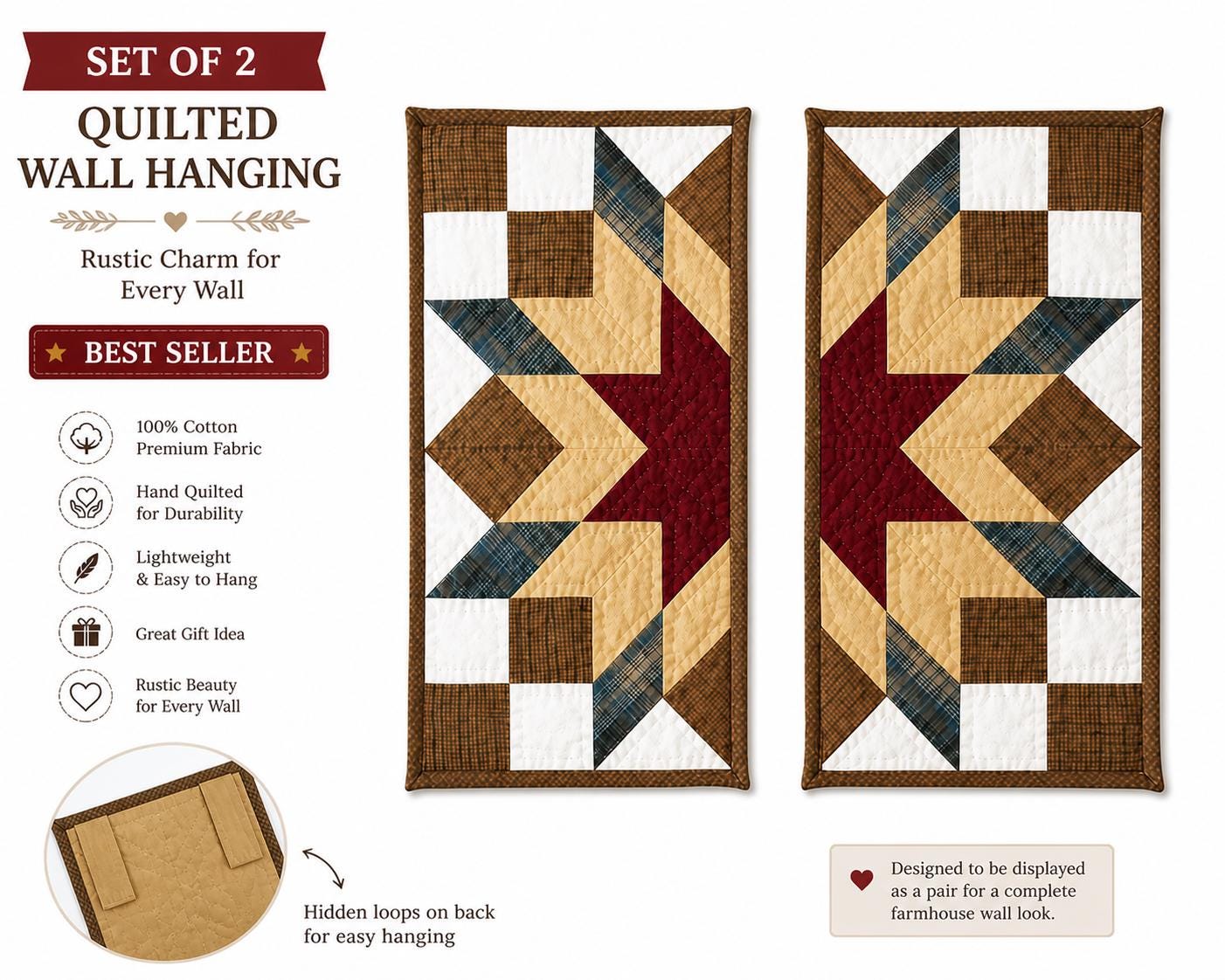 Hand made Hand quilted wall hanging, Table Topper 10"x20" Broken star quilt- set of 2 by Home Heart brands (Made in India)