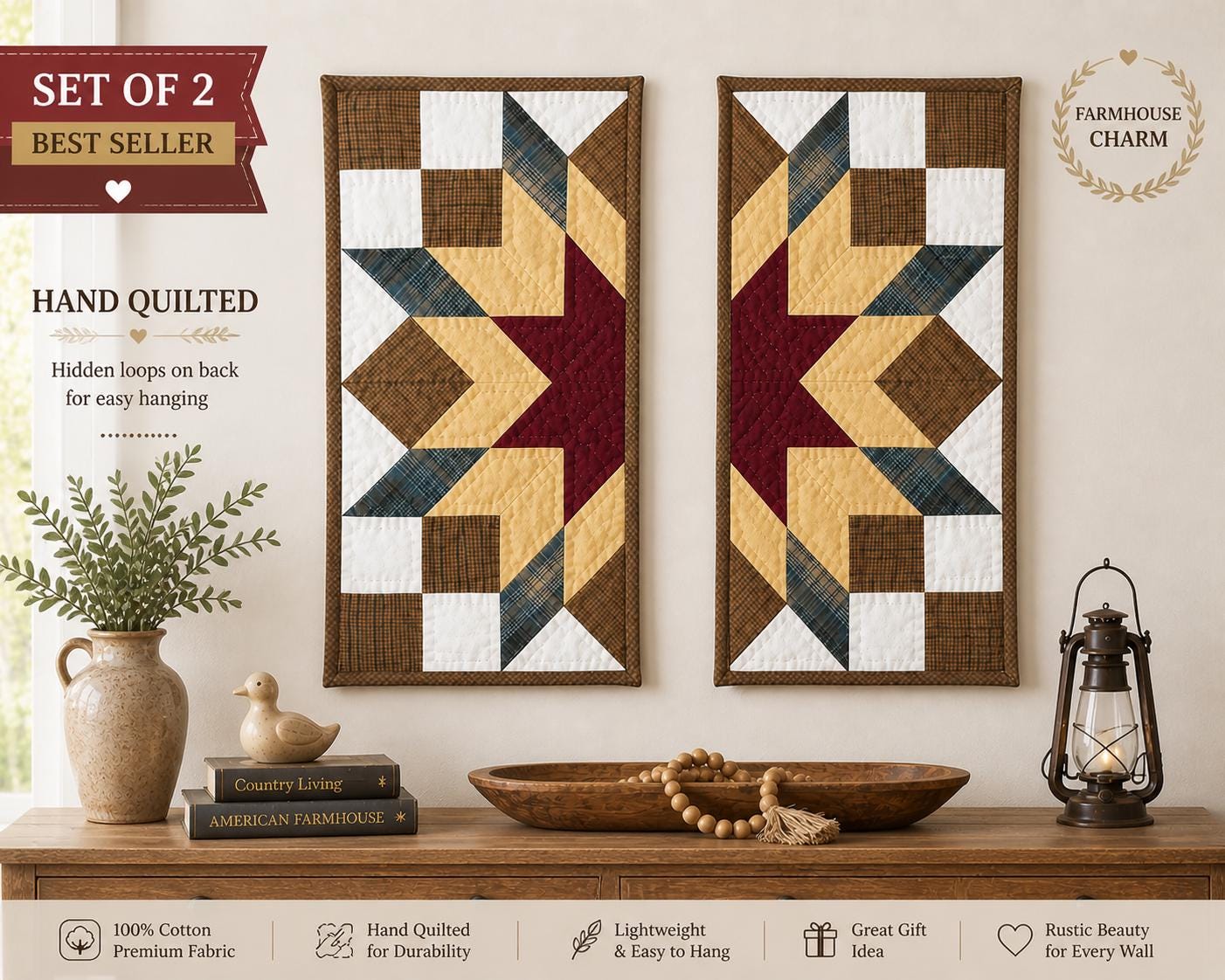 Hand made Hand quilted wall hanging, Table Topper 10"x20" Broken star quilt- set of 2 by Home Heart brands (Made in India)