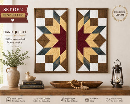Hand made Hand quilted wall hanging, Table Topper 10"x20" Broken star quilt- set of 2 by Home Heart brands (Made in India)
