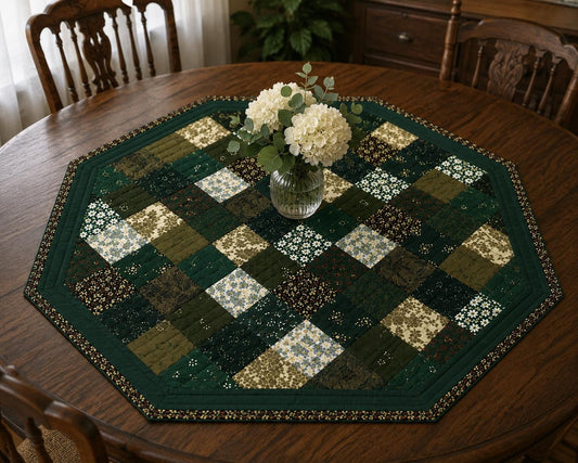 Primitive Calico Floral Green Multi Square Quilted Octagon Table Topper Tree Mat  Farmhouse Centerpiece by Home Heart Brands (Made in India)