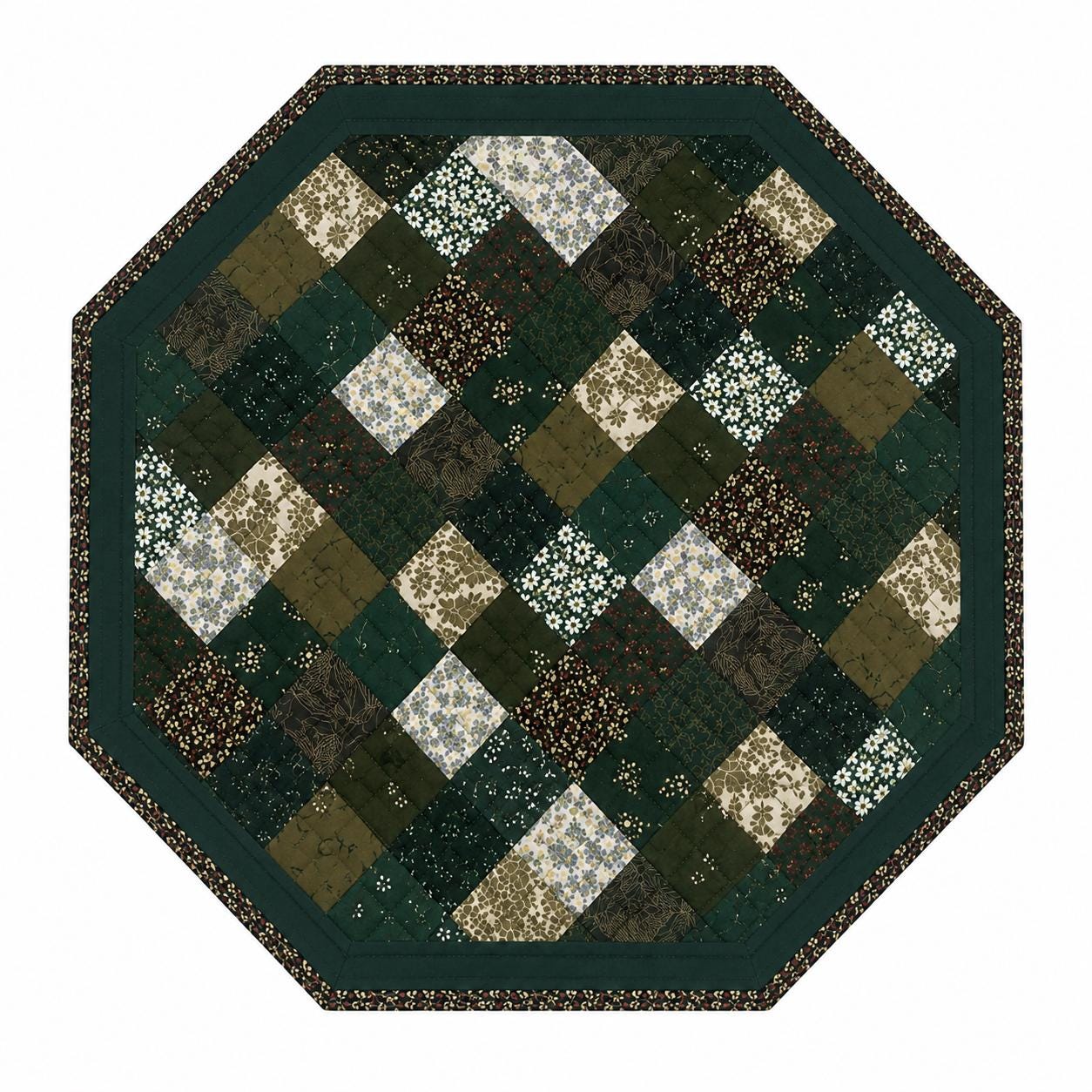 Primitive Calico Floral Green Multi Square Quilted Octagon Table Topper Tree Mat  Farmhouse Centerpiece by Home Heart Brands (Made in India)