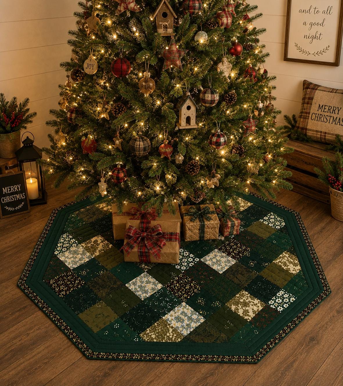 Primitive Calico Floral Green Multi Square Quilted Octagon Table Topper Tree Mat  Farmhouse Centerpiece by Home Heart Brands (Made in India)